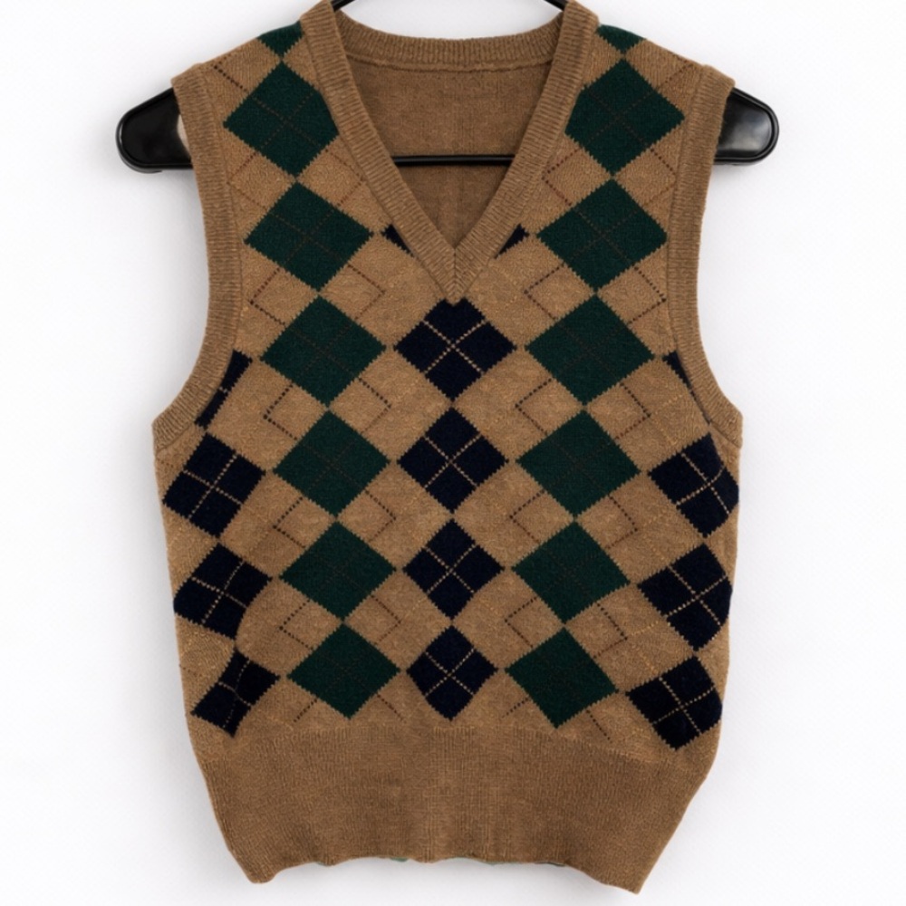 Camel V-Neck Argyle Sweater Vest with Green and Navy Diamonds